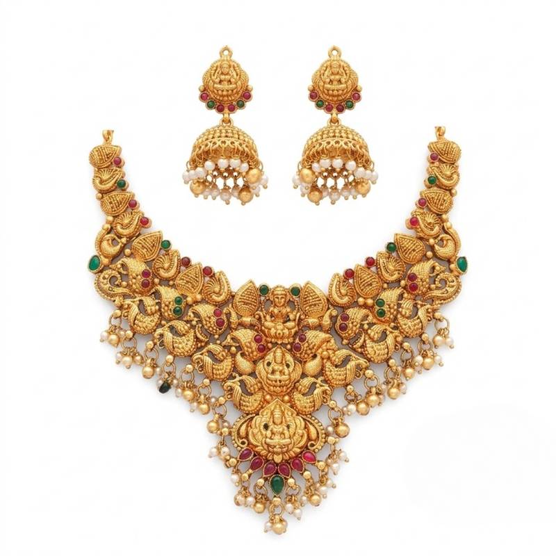 gold south indian temple choker necklace set with jhumka earrings 