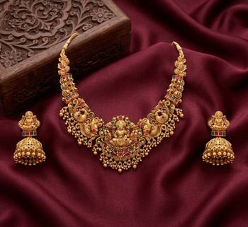 gold temple jewelry set with goddess lakshmi pendant & jhumkas 1