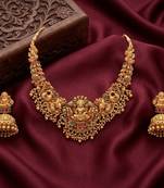 gold temple jewelry set with goddess lakshmi pendant & jhumkas
