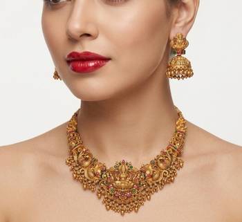 gold temple jewelry set with goddess lakshmi pendant & jhumkas 2