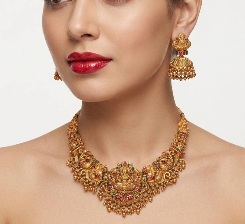 gold temple jewelry set with goddess lakshmi pendant & jhumkas