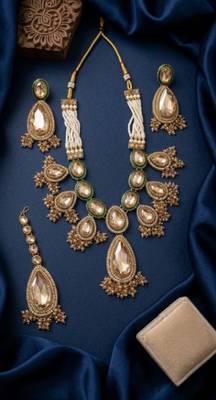 kundan polki choker necklace set with earrings & maang tikka, gold plated bridal  4