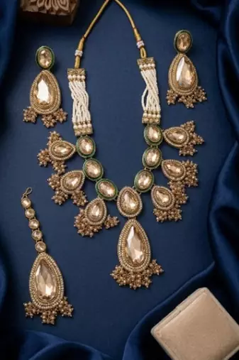 kundan polki choker necklace set with earrings & maang tikka, gold plated bridal 