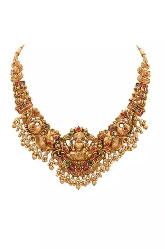 gold temple jewelry set with goddess lakshmi pendant & jhumkas