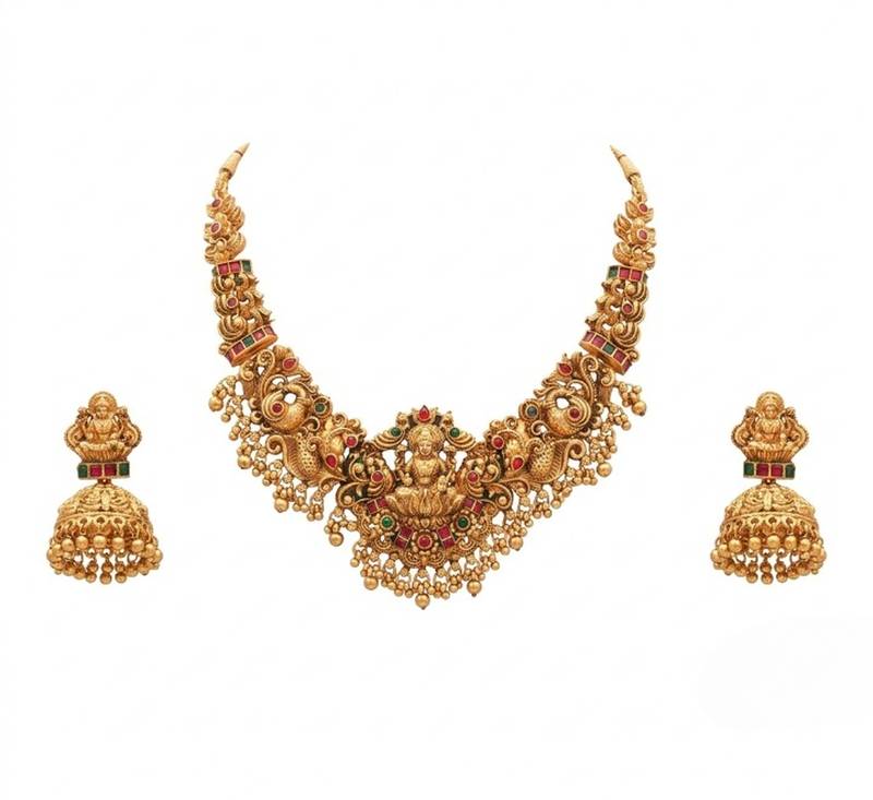 gold temple jewelry set with goddess lakshmi pendant & jhumkas