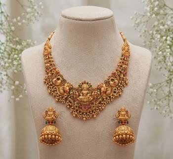 gold temple jewelry set with goddess lakshmi pendant & jhumkas 4