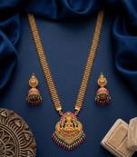 gold temple jewelry set with goddess lakshmi pendant, green & red beads & jhumkas 