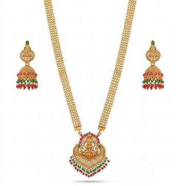 gold temple jewelry set with goddess lakshmi pendant, green & red beads & jhumkas  3