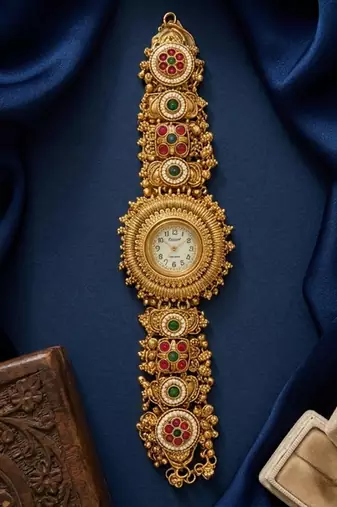 antique gold plated temple bracelet watch, south indian kundan ruby elephant jewelry,