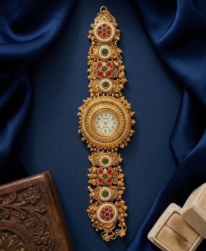 antique gold plated temple bracelet watch, south indian kundan ruby elephant jewelry,