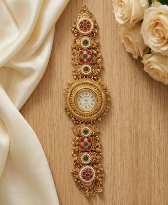 antique gold plated temple bracelet watch, south indian kundan ruby elephant jewelry, 2