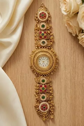 antique gold plated temple bracelet watch, south indian kundan ruby elephant jewelry,