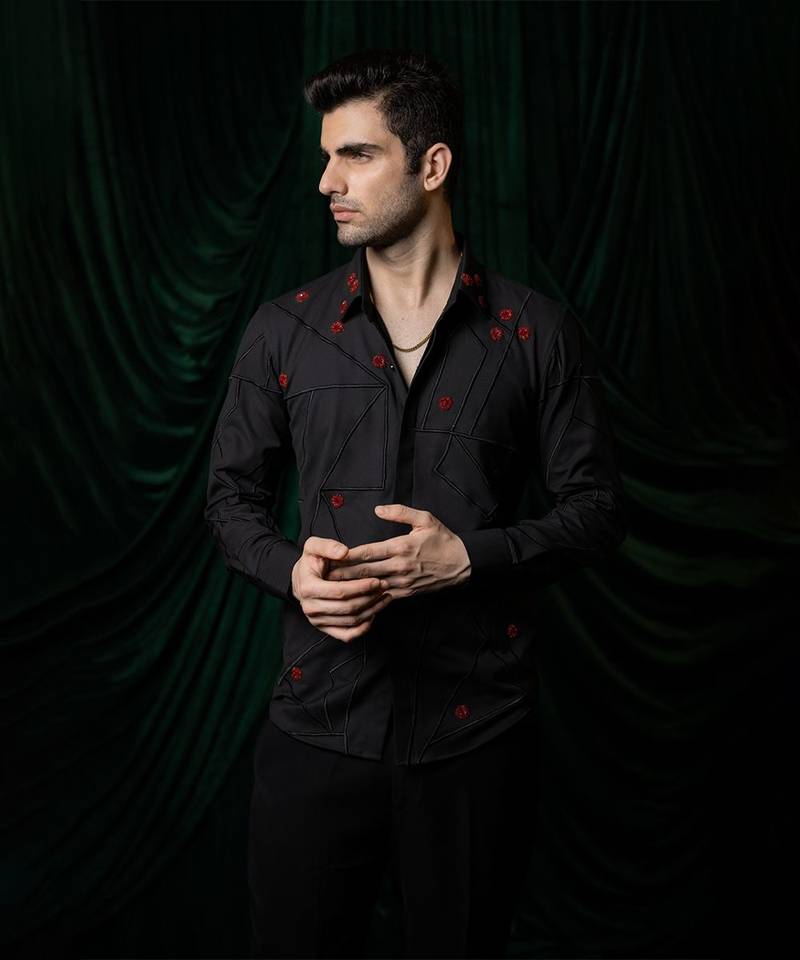 Black embroidered lycra strech shirt
