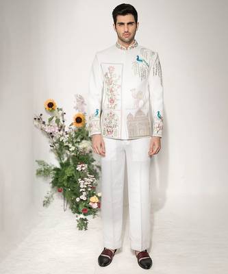 Ivory embroidered armani bandhgala jacket set 1