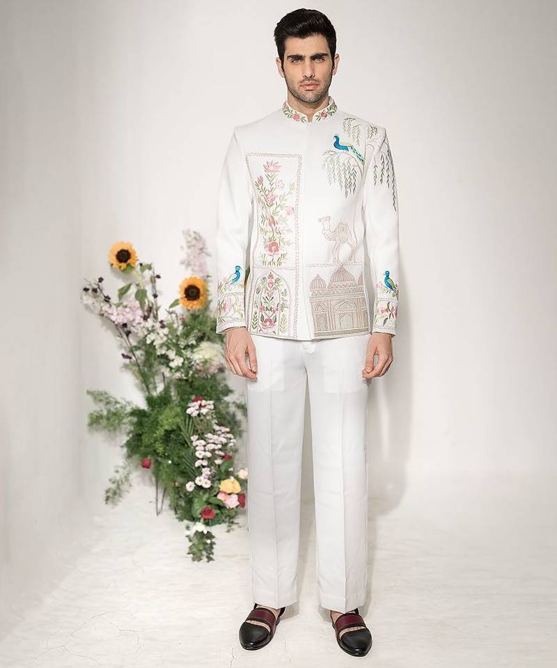 Ivory embroidered armani bandhgala jacket set