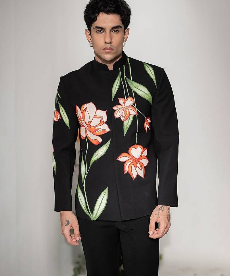 Black handmade armani bandhgala jacket set
