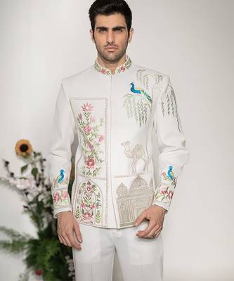 Ivory embroidered armani bandhgala jacket set 3