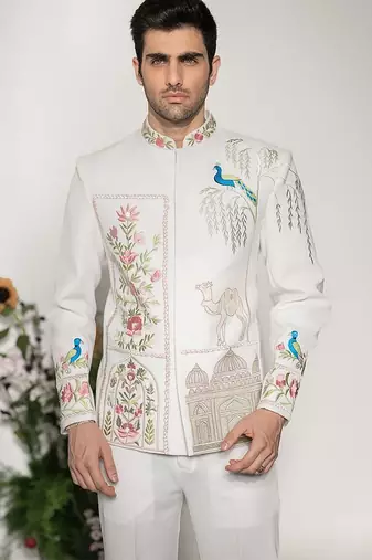 Ivory embroidered armani bandhgala jacket set