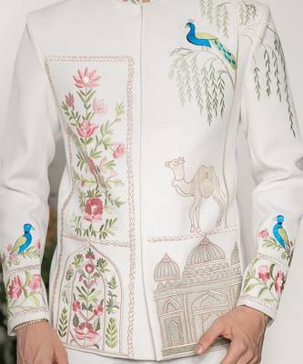 Ivory embroidered armani bandhgala jacket set 4