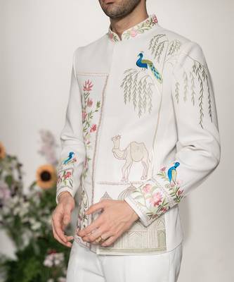 Ivory embroidered armani bandhgala jacket set 5