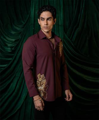 Red embroidered armani shirt 4