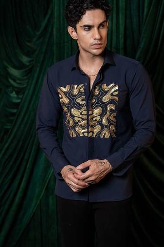 Blue embroidered lycra strech shirt