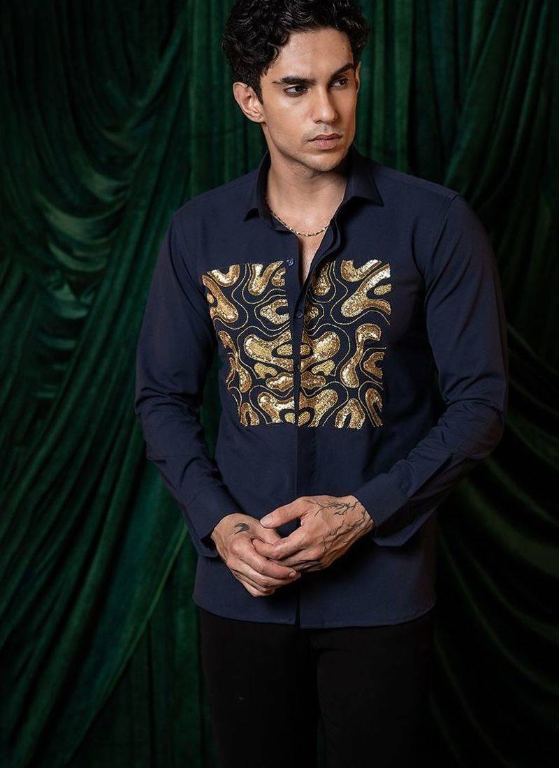 Blue embroidered lycra strech shirt
