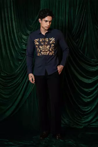 Blue embroidered lycra strech shirt