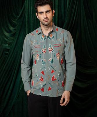 Olive green embroidered lycra strech shirt 1