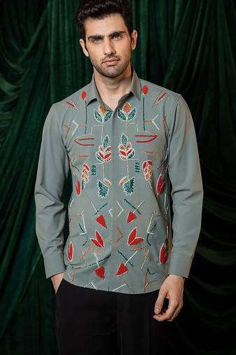 Olive green embroidered lycra strech shirt