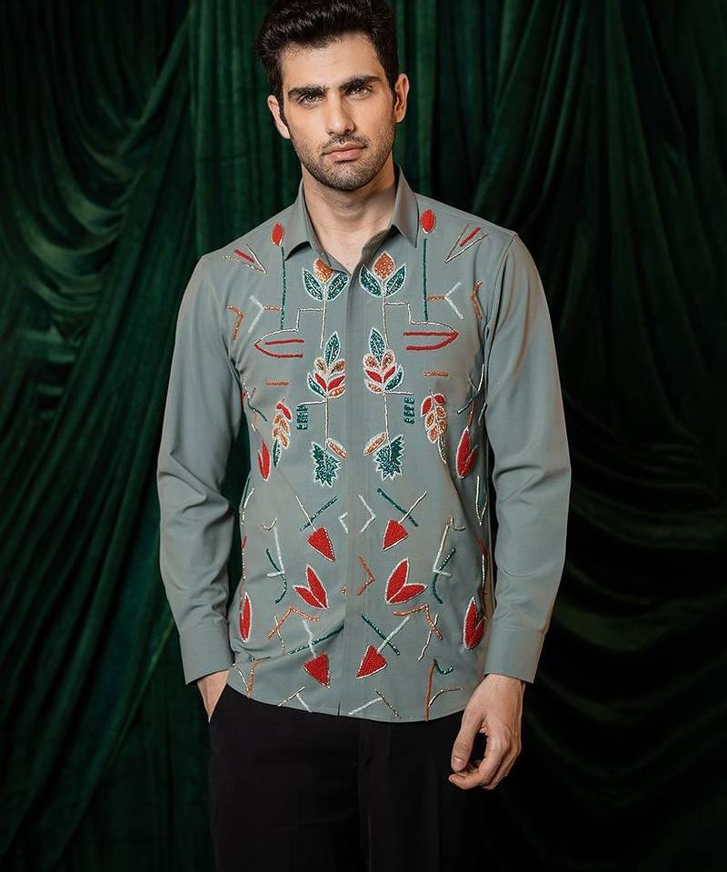 Olive green embroidered lycra strech shirt