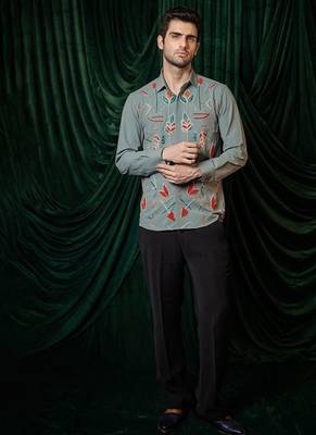 Olive green embroidered lycra strech shirt 2