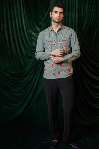 Olive green embroidered lycra strech shirt