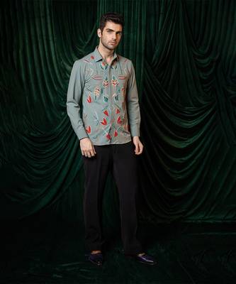 Olive green embroidered lycra strech shirt 3