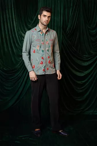 Olive green embroidered lycra strech shirt