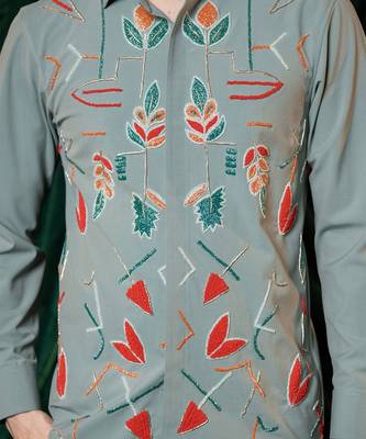 Olive green embroidered lycra strech shirt 5