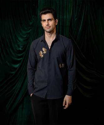 Navy blue embroidered lycra strech shirt 1