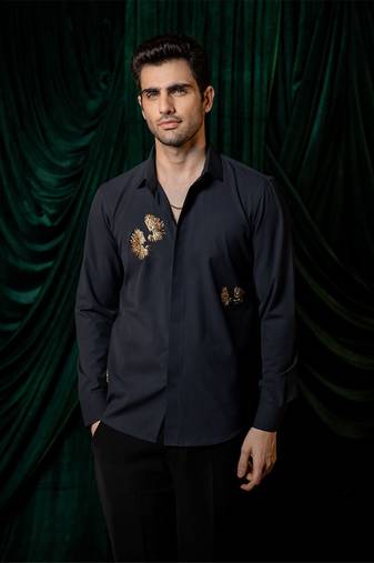Navy blue embroidered lycra strech shirt