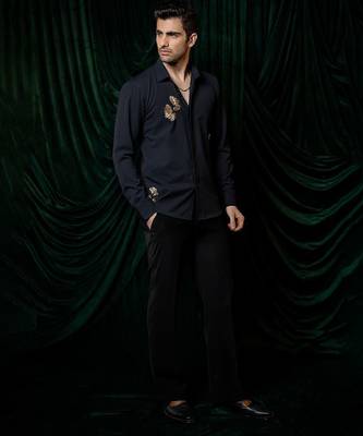 Navy blue embroidered lycra strech shirt 2
