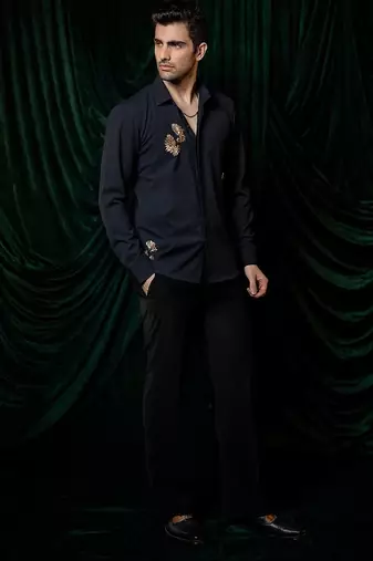 Navy blue embroidered lycra strech shirt