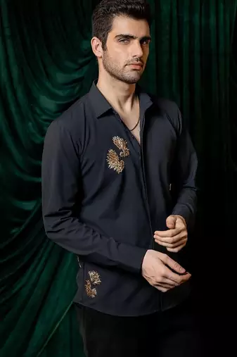 Navy blue embroidered lycra strech shirt