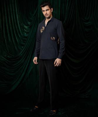 Navy blue embroidered lycra strech shirt 5