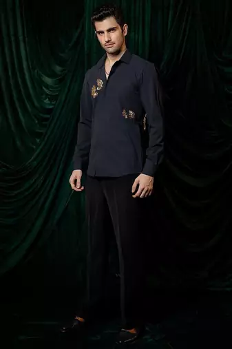 Navy blue embroidered lycra strech shirt
