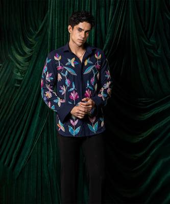Blue embroidered lycra strech shirt 1