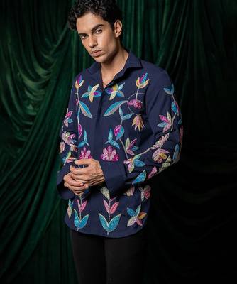 Blue embroidered lycra strech shirt 3