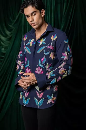 Blue embroidered lycra strech shirt