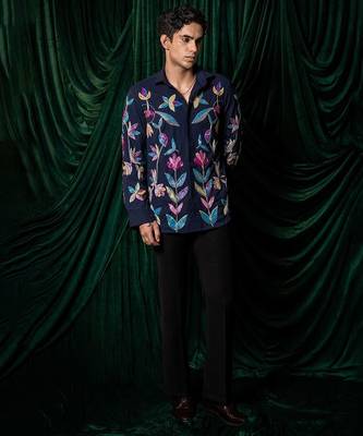 Blue embroidered lycra strech shirt 5