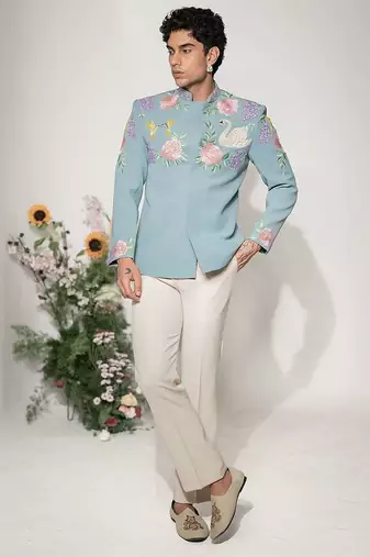 Blue embroidered armani bandhgala and pant