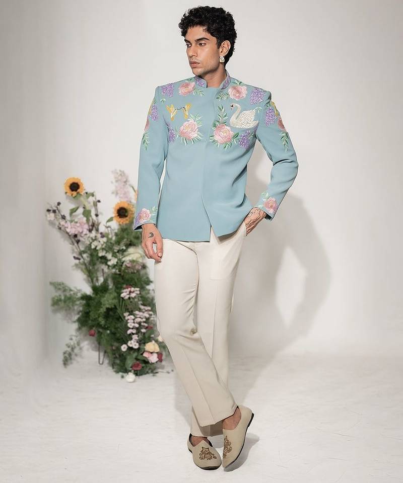 Blue embroidered armani bandhgala and pant
