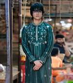 Green embroidered raw silk kurta